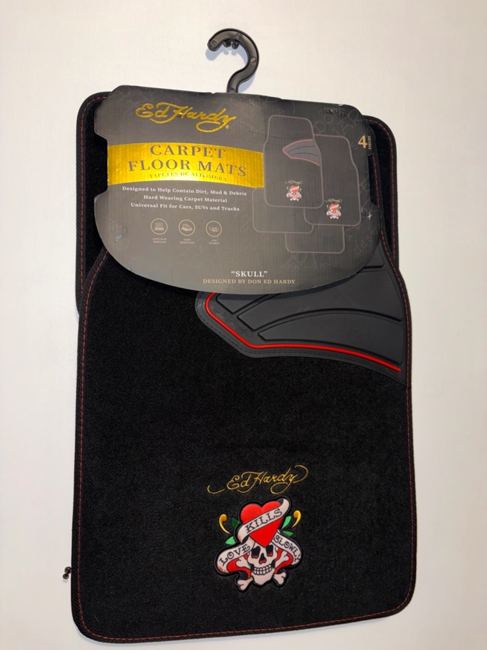 Ed Hardy new vintage Black car Carpet Floor Mats with Skull Heart Embroidery 4 P